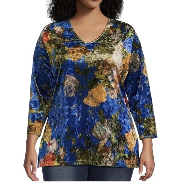 Calessa Plus Size Floral Print Velvet Knit V-Neck 3/4 Sleeve Tunic 1X - Picture 1 of 4